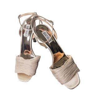 NEW BADGLEY MISCHKA Nude Champgane Crepe Silk Sandals 4" Stiletto Heels Sz 8.5